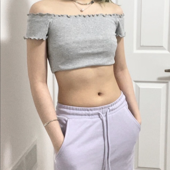 Off Shoulder Frill Trim Solid Grey Crop Top Tee | Size S | H&M - Picture 1 of 10
